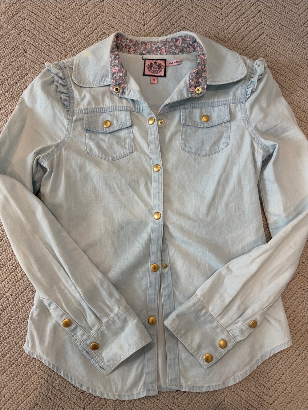 Juicy Couture Light Blue Denim Snap-Front Shirt with Floral Collar